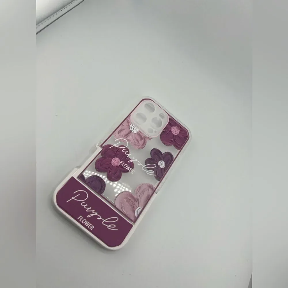 Purple Flower Clear Case with Stand for iPhone 16 Pro Max